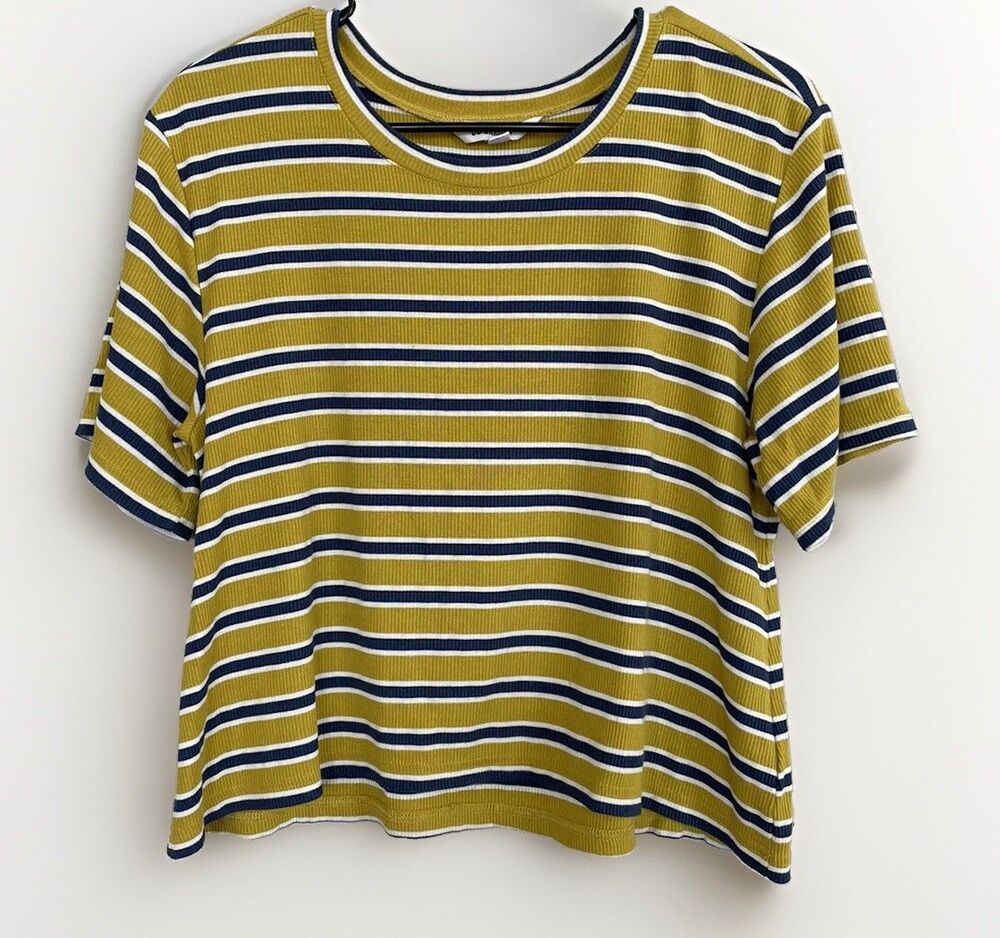 BB Dakota Ribbed Striped Shirt Size S Navy Yellow Stretch